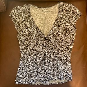 Reformation navy blue and white short sleeve button down top